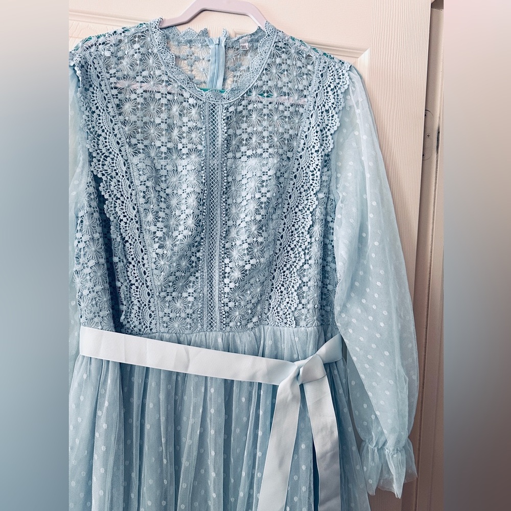 Chic Light Blue Lace Long Sleeve Dress - Picture 4 of 7